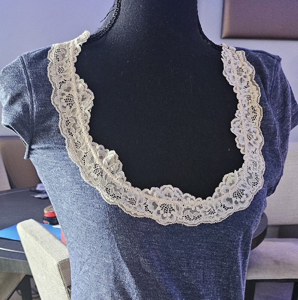 Free People gray white lace trim Fitted Tank Top